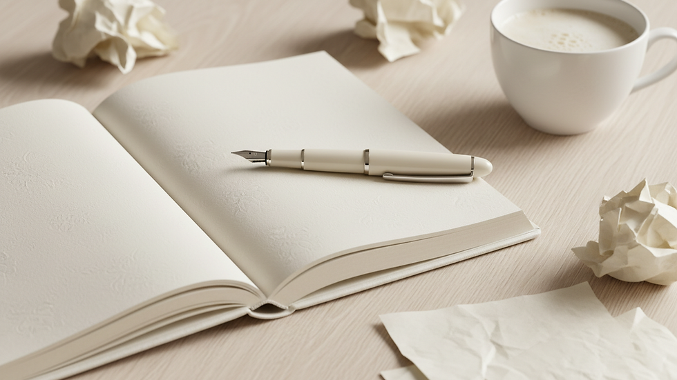 Close-up view of a journal and pen on a wooden table