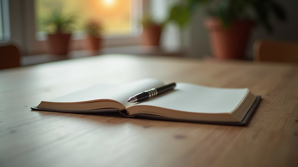 Close-up view of a journal and pen on a wooden table, symbolising reflection and healing