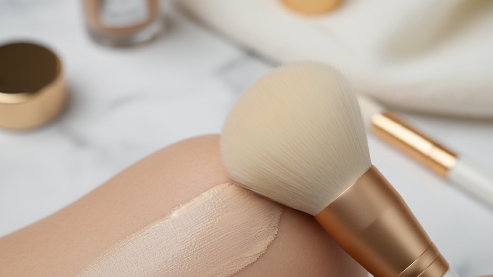 Eye-level view of a makeup brush applying foundation on a light skin tone