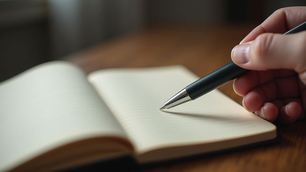 Close-up view of a journal and pen on a wooden table, symbolising emotional reflection