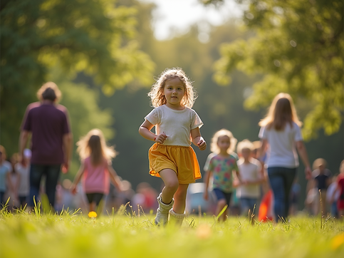 A vibrant, bustling scene of diverse parents and children enjoying a sunny day in a London