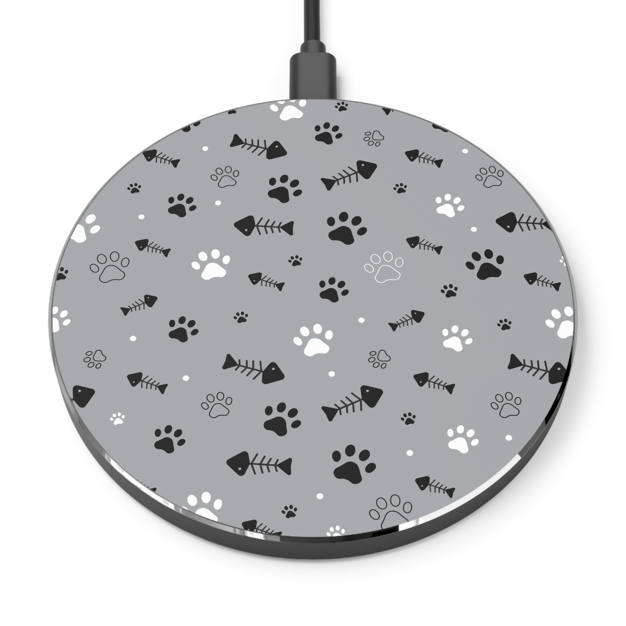 Wireless Charger — Gray Cat Paw & Fishbone Pattern Fast Qi Charging Pad