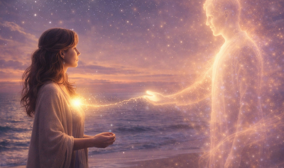 A woman on the beach, connected to a loved one in spirit by glowing energy.