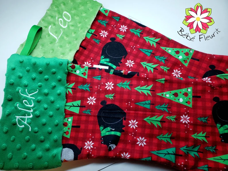 Miniature : Bas de noël personnalisé ours flanelle