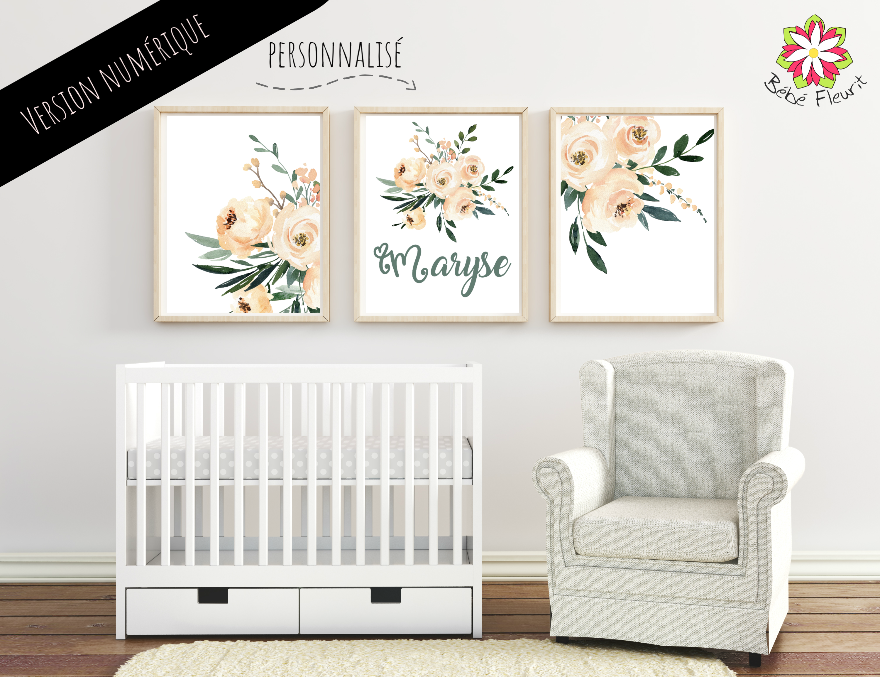 Ensemble 3 fichiers numérique personnalisé fleur vert beige