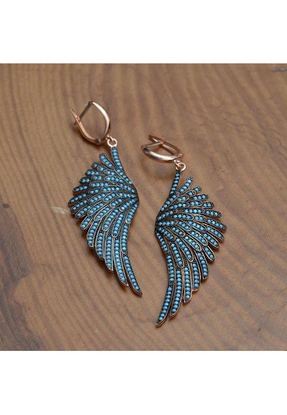 Thumbnail: Angel Wing Drop Earrings Rosegold Turquoise Blue