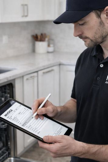 Dishwasher repair technician inspecting a residential dishwasher in a modern kitchen