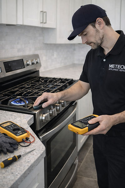 Oven and stove repair technician inspecting a residential cooking appliance