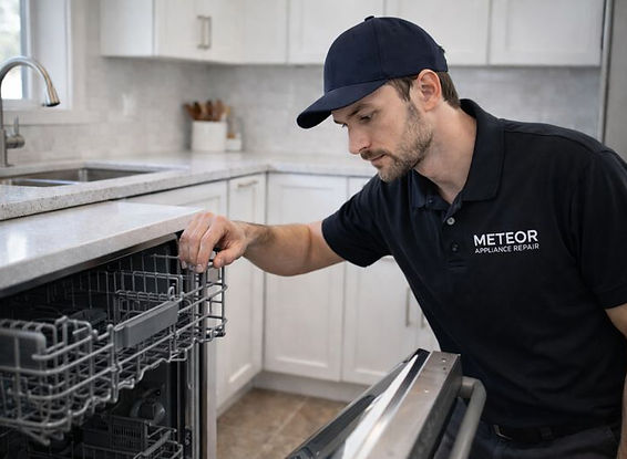 In-home dishwasher repair service diagnosing a water leak by Meteor Appliance Repair technician