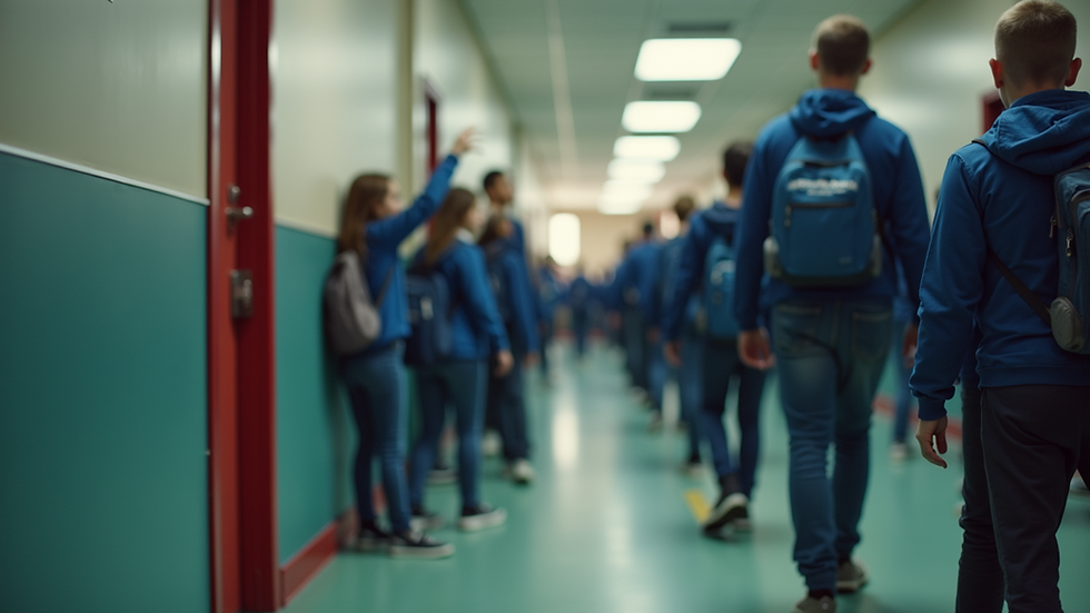Eye-level view of a school safety drill with students practicing emergency procedures