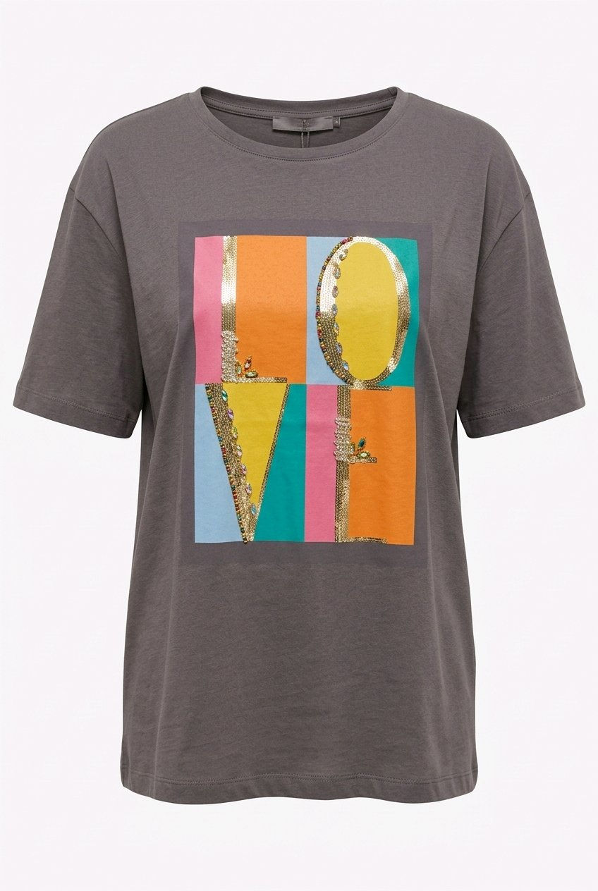 Miniatură: tricou damă gri Liora Grey cu imprimeu LOVE multicolor