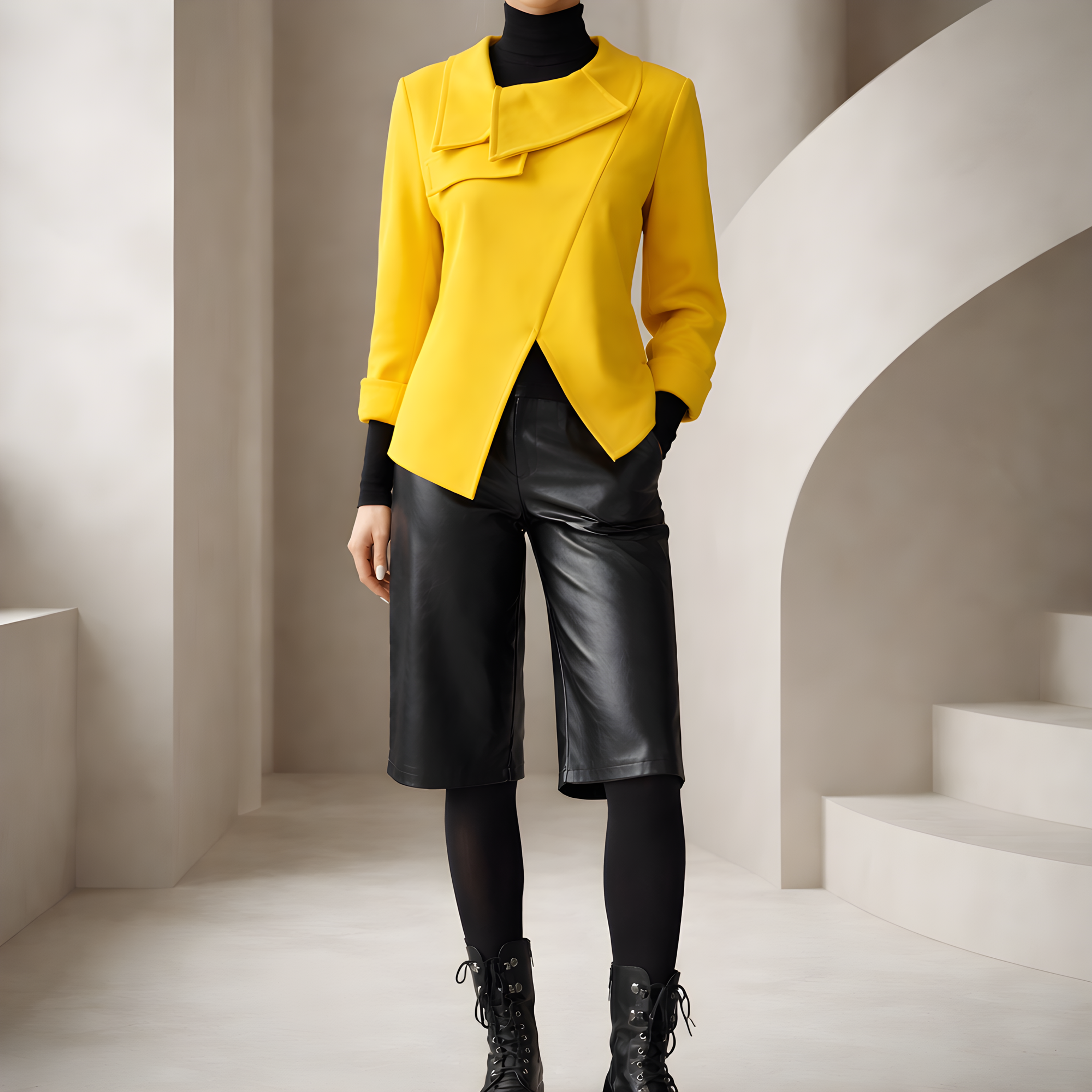 tunica dama galbena Sarena Yellow cu design asimetric si guler decorativ