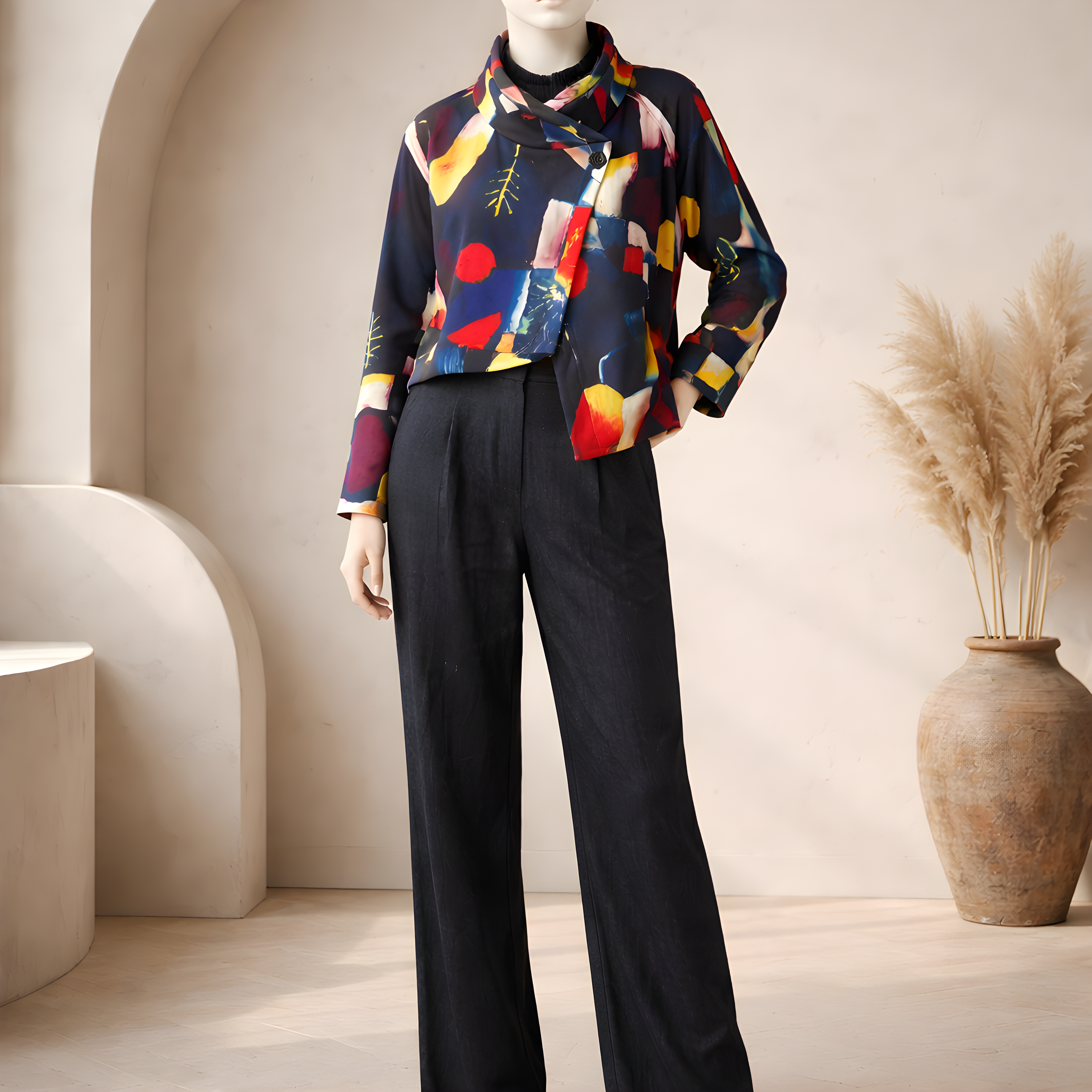 jacheta dama Nerida Art cu imprimeu abstract multicolor pe baza bleumarin
