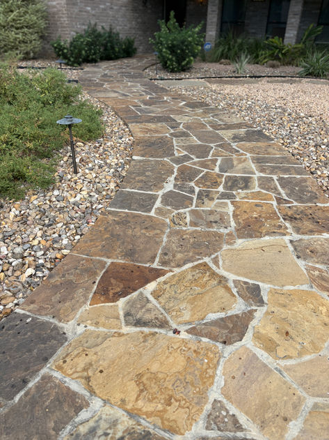 Completed xeriscape with Oklahoma flagstone path and native plants — Woods of Shavano renovation, San Antonio TX