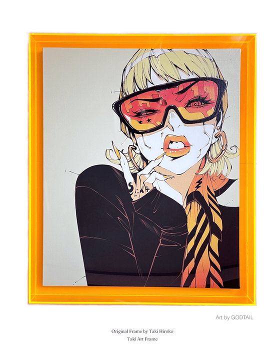 額装例：イラストレターGODTAIL サングラスの女の子をアートカプセルネオンオレンジで額装　S20号キャンバス　フレームサイズ800x700mm