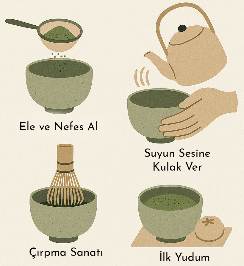 Matcha hazırlama adımları: tozun elenmesinden ilk yuduma uzanan Japon çay seremonisi ritüeli, minimalist illüstrasyonlarla anlatılıyor.