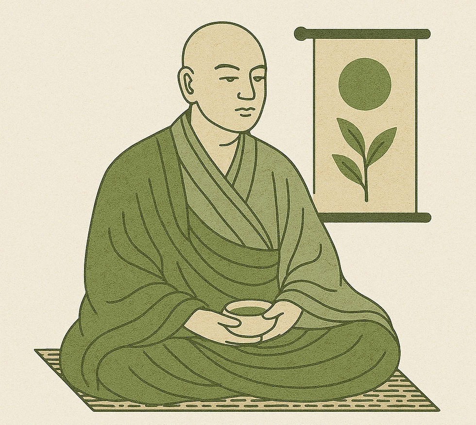 12. yüzyılda Japonya’da matcha kültürünü başlatan Zen rahibi Eisai, sade bir ortamda çay kasesiyle meditasyon yaparken betimlenmiş minimalist illüstrasyon.