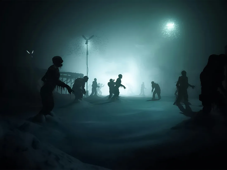 Zombies walking on the beach in the dark.