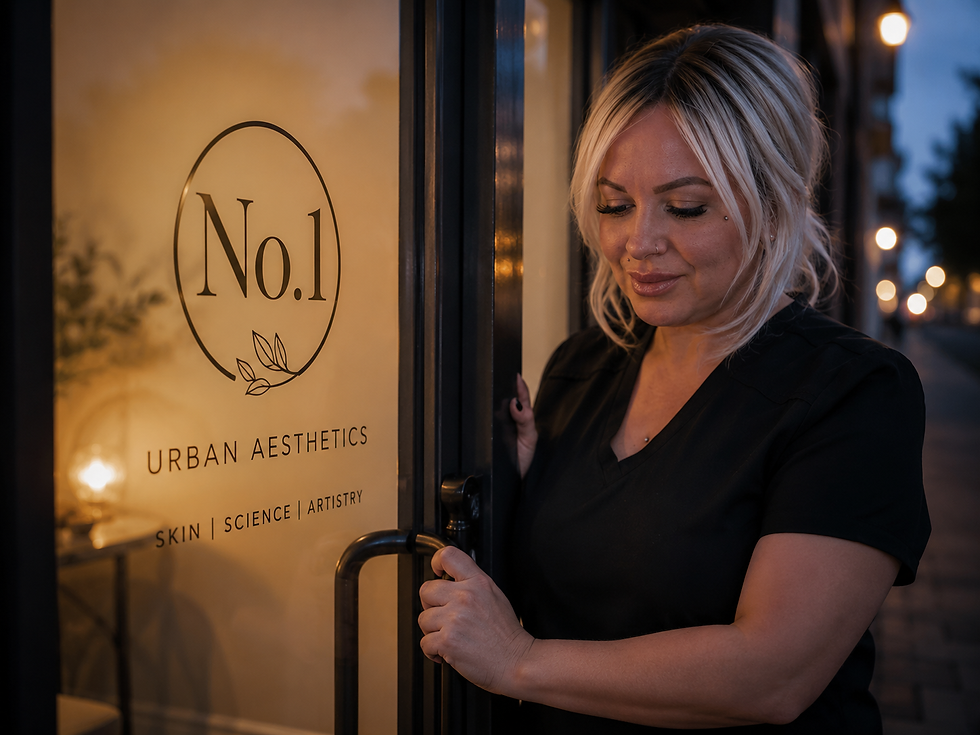 Person in black outfit opens a door with "No.1 Urban Aesthetics" logo. Dim-lit street in background, creating a calm ambiance.