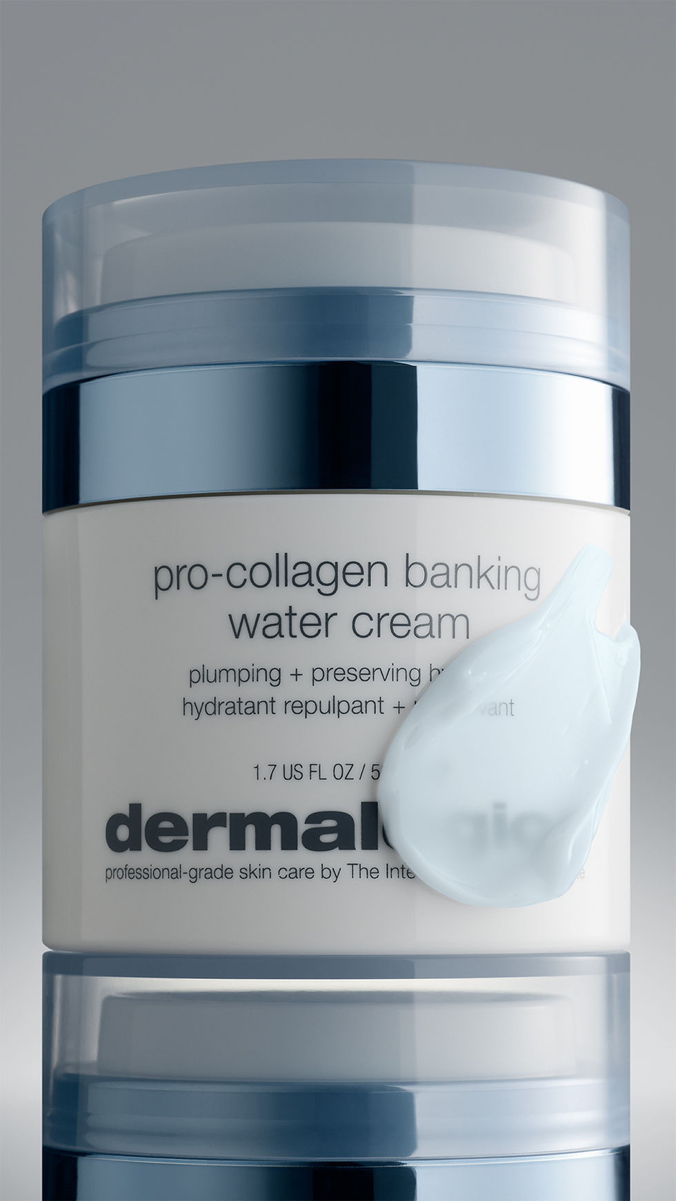 Dermalogica pro-collagen banking water cream jar with white cream dollop on a gray background