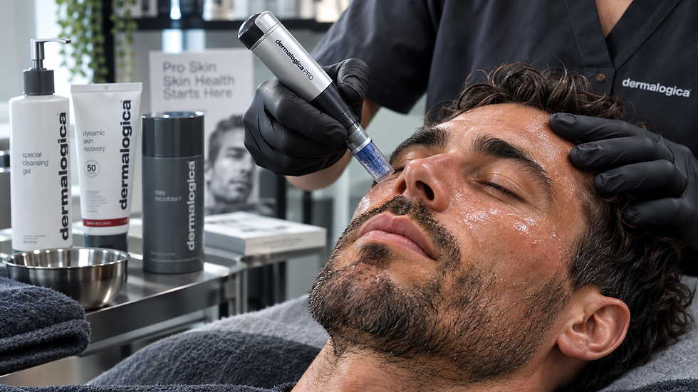 Esthetician uses a Dermalogica PRO tool on a man’s face in a spa; product bottles and a calm, clinical setting surround them.