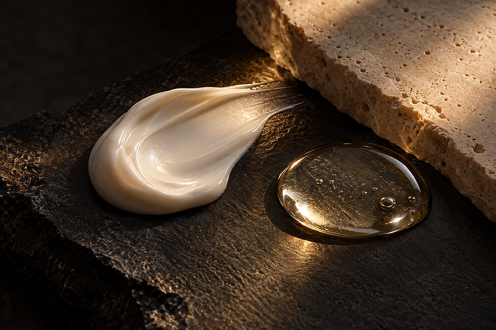 Abstract editorial still life of an ivory cream texture beside a clear golden serum on charcoal stone