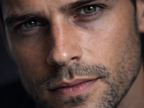 close up image of a mael model focussing on the green eyes