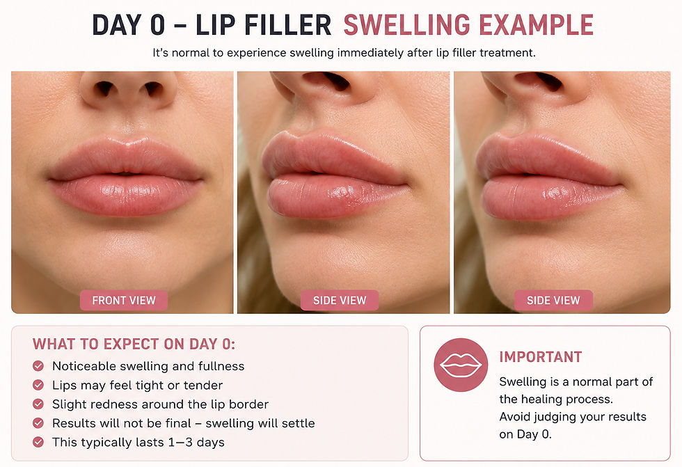 Close-up image of lips with noticeable swelling post-lip fillers. Text explains expected swelling and advises patience with results.