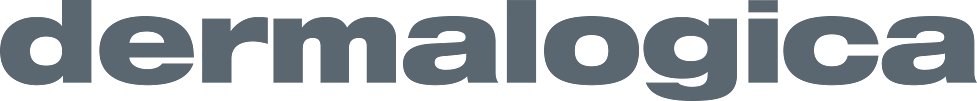 Gray Dermalogica logo on black background with bold lowercase text and horizontal stripes on the right.