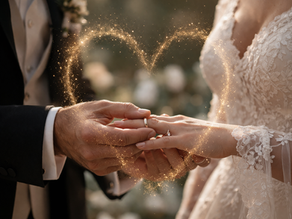 A couple exchanges rings, framed by a heart made of golden sparkles. The bride wears a lace gown; a festive, romantic mood prevails.