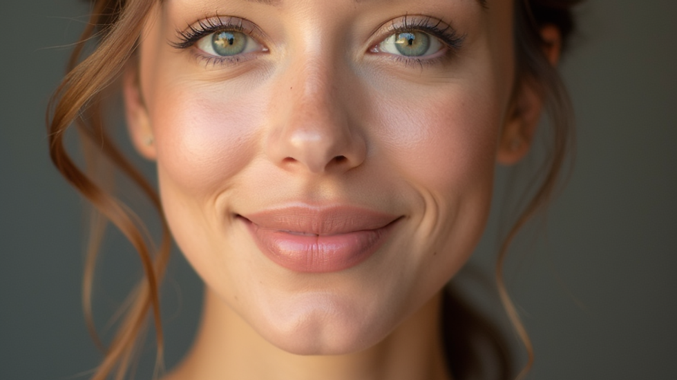 Smiling woman with wavy brown hair against a gray background. Close-up portrait with a serene and warm expression.