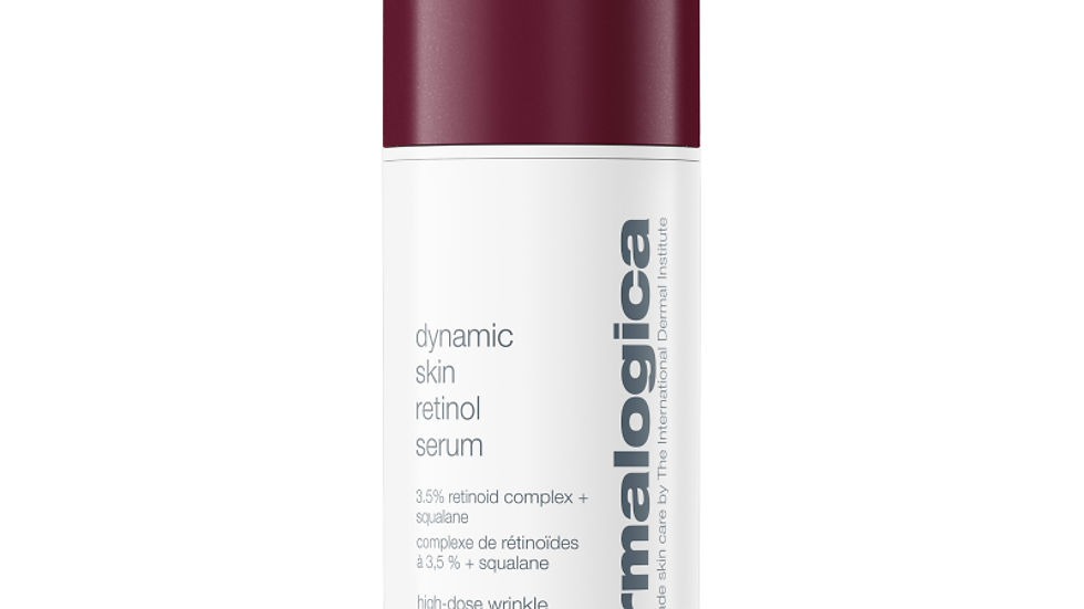 White and burgundy bottle of Dermalogica Dynamic Skin Retinol Serum. Text on the bottle highlights key ingredients and product benefits.
