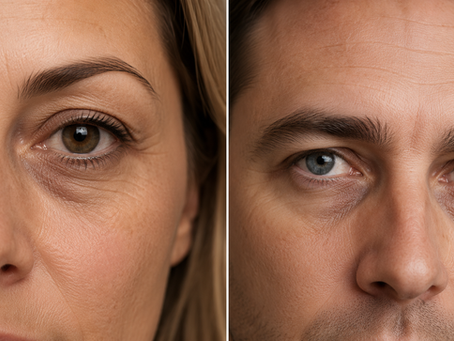 Split close-up of a woman’s and a man’s eyes and faces, showing skin texture and neutral expressions on a plain background