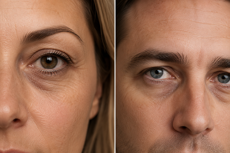 Split close-up of a woman’s and a man’s eyes and faces, showing skin texture and neutral expressions on a plain background