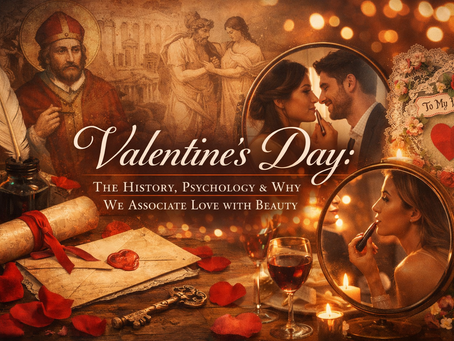 Valentine's Day theme with a couple, card, woman applying lipstick, candles, wine, and a historic mural background. Romantic and nostalgic.