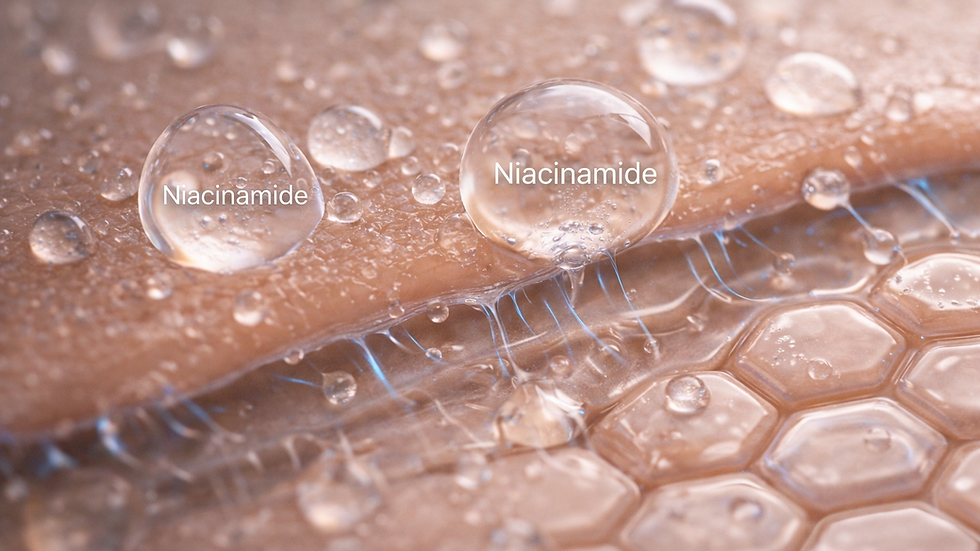 Close-up of skin with water droplets labeled "Niacinamide." Hexagonal pattern visible beneath the surface in soft, neutral tones.