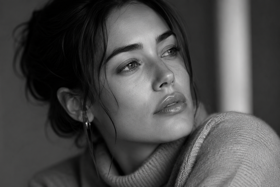 Black and white portrait of a woman gazing thoughtfully to the side, wearing a cozy sweater. The mood is introspective and serene.