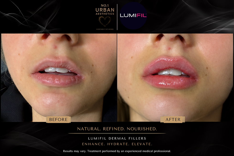 Before-and-after close-up of lips after dermal fillers, labeled BEFORE and AFTER, with Lumifil branding and beauty ad text.