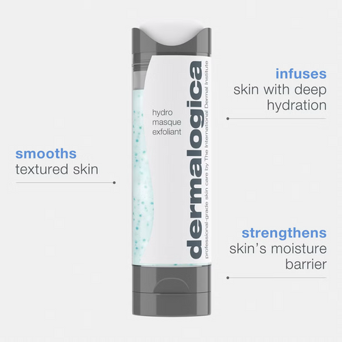 Dermalogica Hydro Masque Exfoliant tube on white background, with text: smooths textured skin, infuses hydration, strengthens barrier.