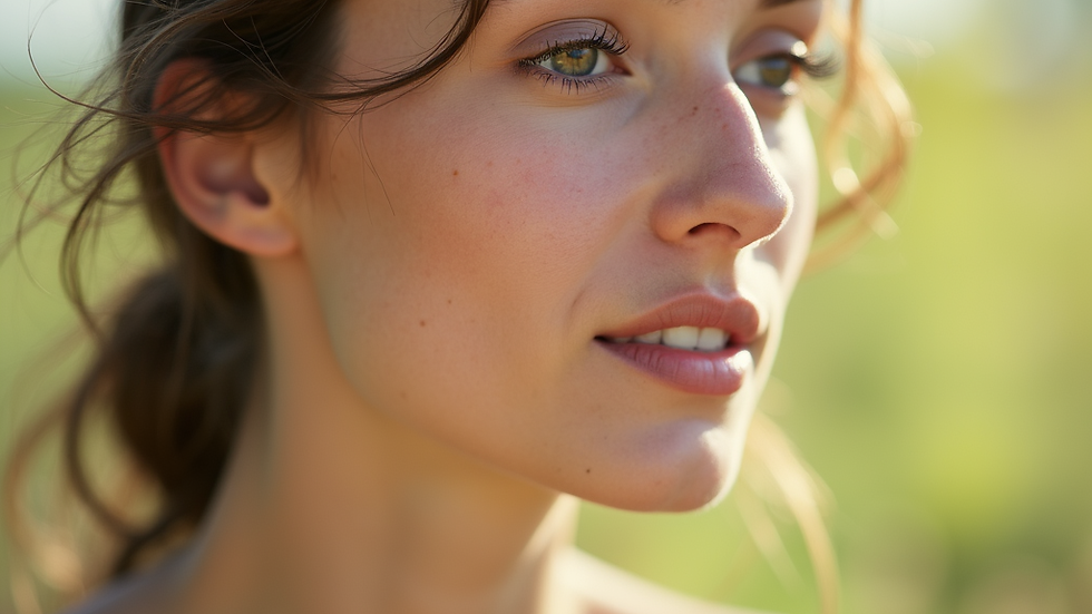Young person with brown hair looks into the distance, bathed in soft sunlight. Blurred green background suggests an outdoor setting.