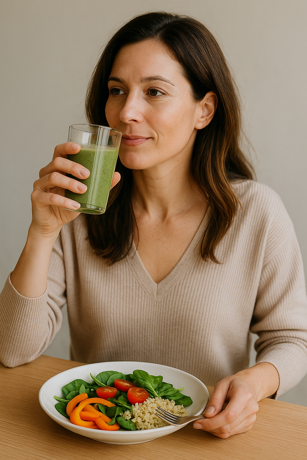 A woman in a beige sweater drinks a green smoothie, sitting at a table with a salad of spinach, tomatoes, peppers, and quinoa. Neutral mood. menopause diet