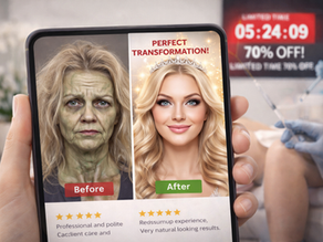 Split-screen phone image shows "Before" and "After" transformation. Background: person in scrubs with syringe. Time-limited discount text.