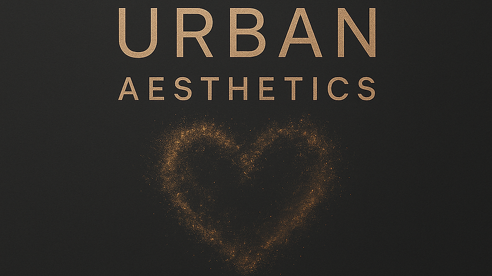 No.1 Urban Aesthetics text in gold on black, features a glowing heart and "In Partnership with Science" text below. Elegant mood.