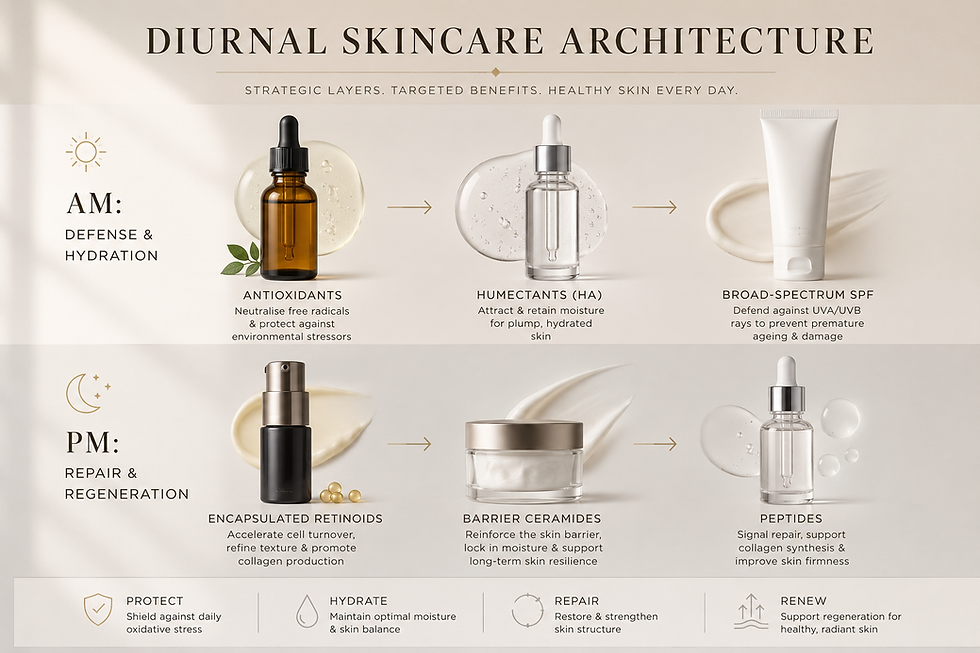 Infographic titled Diurnal Skincare Architecture showing AM defense/hydration and PM repair/regeneration with serums, cream, and SPF.