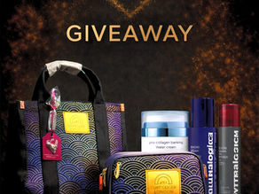 Colorful bags, skincare bottles; text: "No.1 Urban Aesthetics Giveaway," "Kurt," "In partnership with science"; stylish, promotional theme.