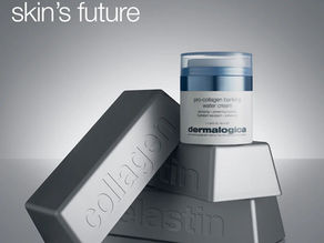 Dermalogica cream atop silver blocks labeled collagen and elastin on gray background. Text: "Invest in skin's future."