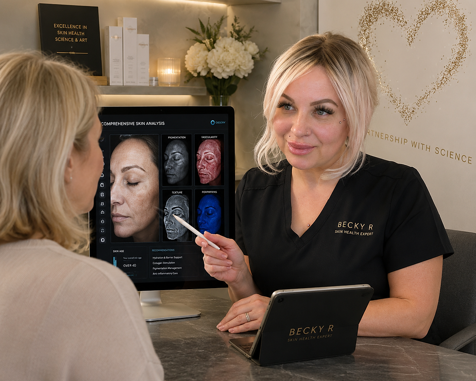 Skin expert Becky R shows a client a comprehensive skin analysis on a monitor in a chic clinic, with gold branding and flowers.