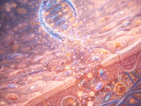 Illustrated skin cross-section showing activated fibroblasts glowing. Pink and blue tones dominate, with text "Activated Fibroblast."