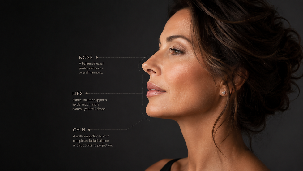 Side profile of a woman on a dark background with labels Nose, Lips, Chin and text about facial balance.