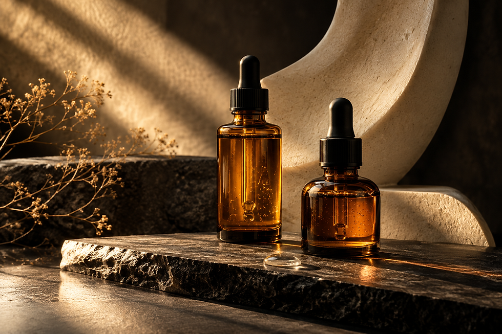 Unbranded amber skincare glass bottles on dark stone, Urban Supplement editorial cover
